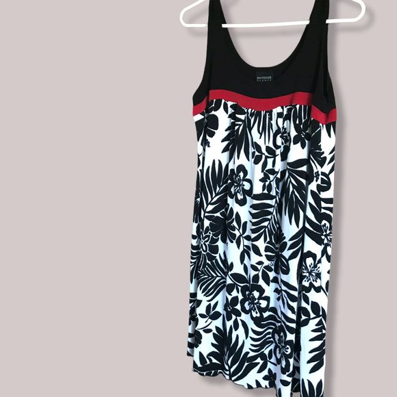 En Focus Women's Empire Sleeveless Minidress Black White Print Red Ribbon Sz 10 - Picture 2 of 9